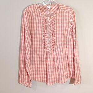 Garnet Hill Ruffled Popover Top in Peach Pink Gingham Plaid Size 12 NWOT